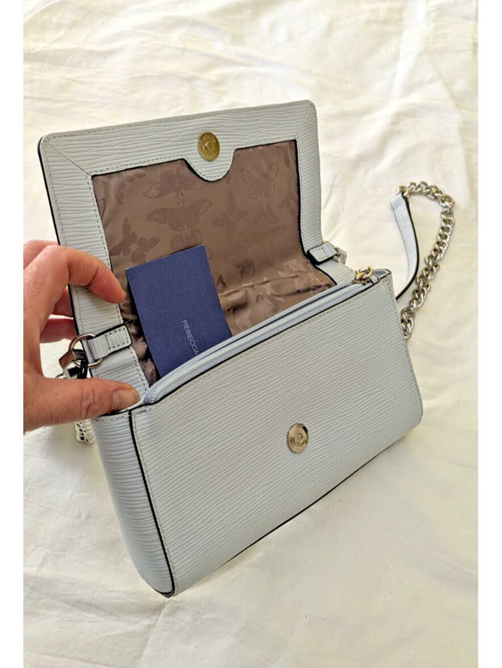 NWT Rebecca Minkoff Purse Love Too Crossbody Bag Baby Blue Textured Leather $195
